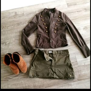 motivi military jacket, zara military cargo mini skirt and stella rose top